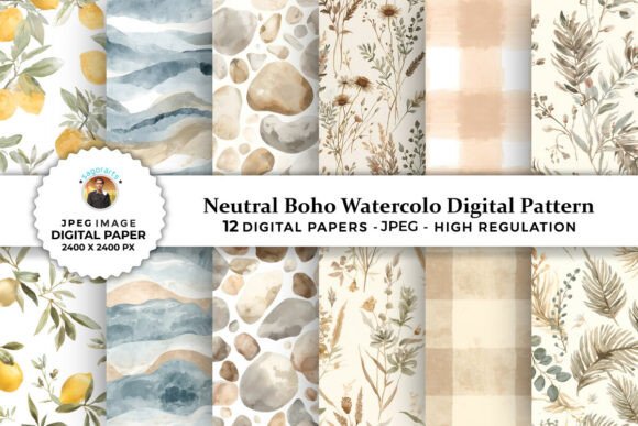 Download Neutral Boho Watercolor Digital Patterns - Neutral Collection